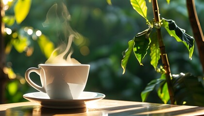 Wall Mural - Sunlit coffee cup on a table surrounded by greenery, evoking tranquility, natural beauty, and the comforting essence of a peaceful morning