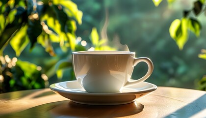 Wall Mural - Sunlit coffee cup on a table surrounded by greenery, evoking tranquility, natural beauty, and the comforting essence of a peaceful morning