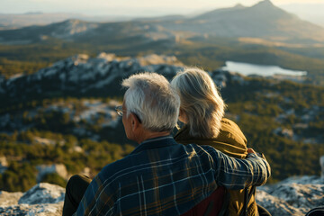 senior couple flying over scenic landscapes in a helicopter tour