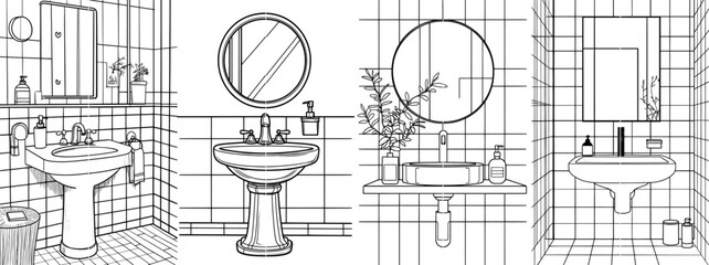 Bathroom interior with wash basin and mirror in continuous line art drawing style. Toilet room furniture black linear sketch isolated on white background.