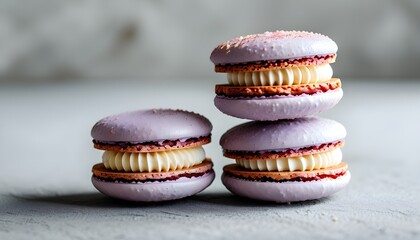 Wall Mural - Delicate vanilla macarons with creamy filling beautifully arranged on a soft grey background, embodying elegance and sweetness in French pastry artistry.