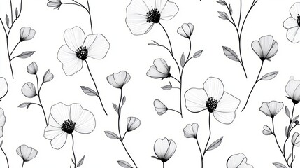 Wall Mural - Black and white seamless pattern with delicate line drawings of flowers and stems.