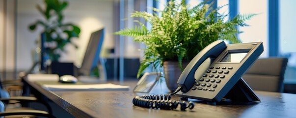 A contemporary office setting features sleek phones and a notepad on a polished desk, showcasing a clean and efficient workspace