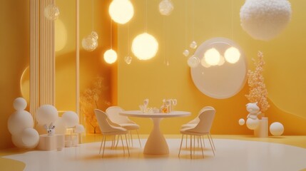 Poster - A bright, modern dining space with a round table and minimalist decor in yellow tones.