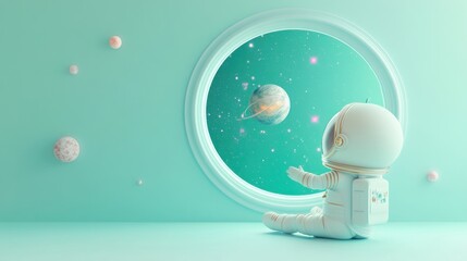 Wall Mural - a whimsical astronaut gazes out a circular window at a colorful, distant planet.