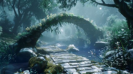 Poster - Breathtaking think of a magical environment with an artificial stone footbridge