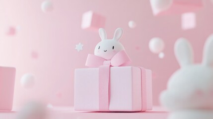 Wall Mural - A cute bunny figurine atop a pink gift box, surrounded by soft pastel elements.