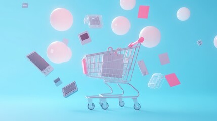 Wall Mural - A shopping cart surrounded by floating products against a blue background.