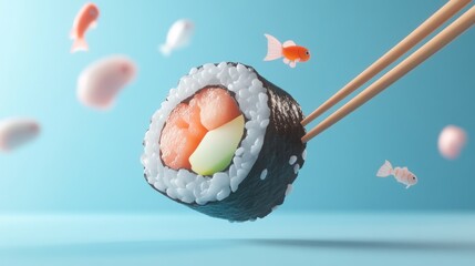 Sticker - A vibrant sushi roll held with chopsticks, surrounded by playful animated fish.