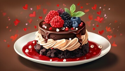 Wall Mural - Indulgent chocolate cake adorned with fresh berries, perfect for a romantic celebration and sweet dreams on Valentines Day