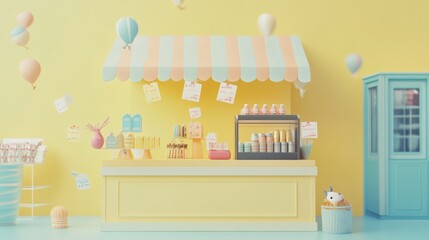 Wall Mural - A vibrant dessert stall with pastel colors, offering sweets and drinks in a cheerful setting.