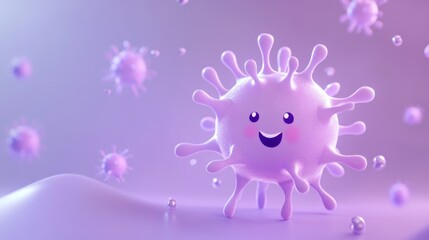 Sticker - A cheerful, cartoonish virus character with a smiling face against a soft purple background.