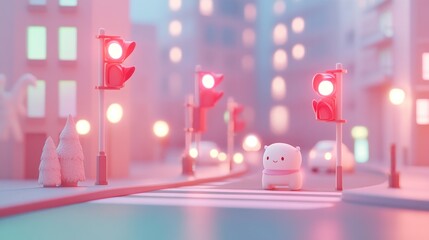 Poster - A whimsical scene featuring a cute character at a traffic light in a pastel urban setting.