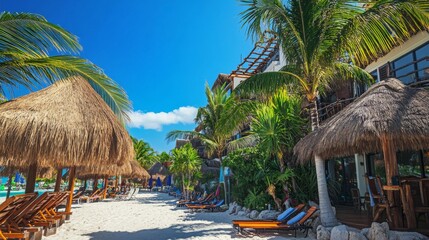 Wall Mural - Tropical Beach Resort With Thatched Roof Cabanas.