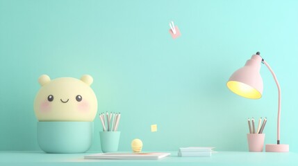 Sticker - A cheerful pastel workspace featuring a cute lamp, stationery, and playful decor.