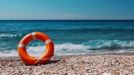 A life preserver on a pebble beach.