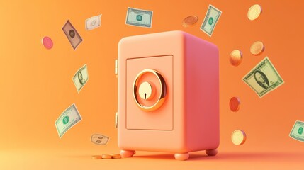 Sticker - A pink safe surrounded by floating money and coins, symbolizing wealth and savings.