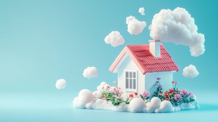 Canvas Print - A whimsical house surrounded by flowers and clouds, evoking a dreamy atmosphere.