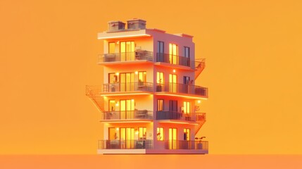 Wall Mural - A modern multi-story building illuminated against a vibrant orange background.