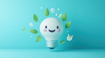 Canvas Print - A cheerful light bulb character surrounded by leaves and whimsical elements, symbolizing eco-friendliness.