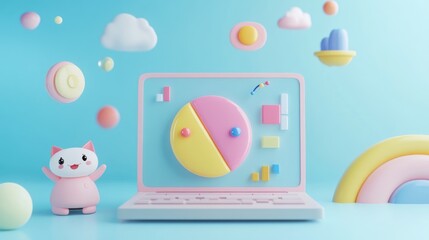 Sticker - A playful scene featuring a cute cat character and a colorful laptop with abstract shapes.