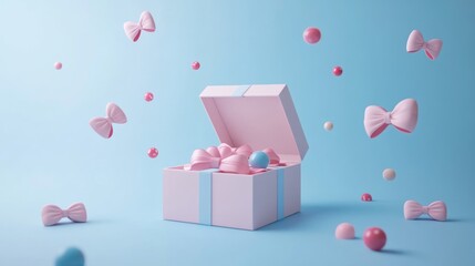 Sticker - A pastel-colored gift box surrounded by floating bows and spheres, evoking celebration.