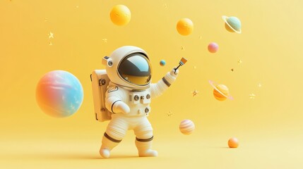 Wall Mural - a playful astronaut painting planets in a vibrant, whimsical space scene.