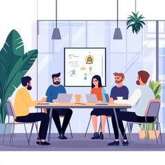 Wall Mural - A diverse group collaborating in a modern office meeting, showcasing teamwork, technology, and productivity.