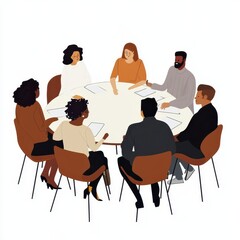 Wall Mural - A diverse group discussing ideas around a circular table in a modern office setting, fostering collaboration and innovation.