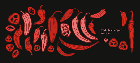 Hand drawn chili pepper, line art vector isolated set. Chili pepper outline. Red, green, yellow pepper on the white background. Jalapeno. 