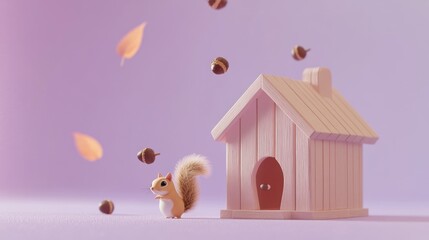 Canvas Print - A cute squirrel stands beside a wooden house with falling leaves and acorns in a whimsical setting.