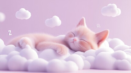 Sticker - A cute kitten peacefully sleeping on fluffy clouds, evoking a dreamy atmosphere.