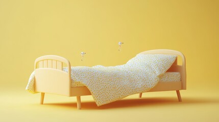 Wall Mural - A playful yellow bedroom scene featuring a bed and floating headphones.