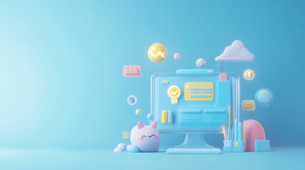 Canvas Print - A playful digital workspace with a computer and cute elements in a pastel color scheme.