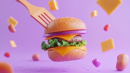 Wall Mural - A 3D rendering of a burger being lifted by a fork against a colorful background.