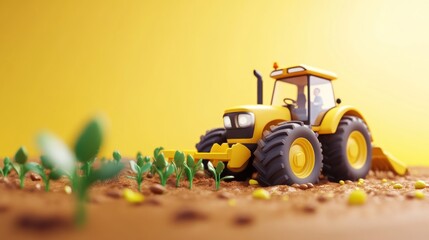 Wall Mural - A yellow tractor working in a field of young plants against a bright yellow background.