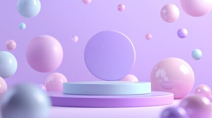 Sticker - A pastel-themed 3D scene featuring spheres and a circular platform on a soft background.