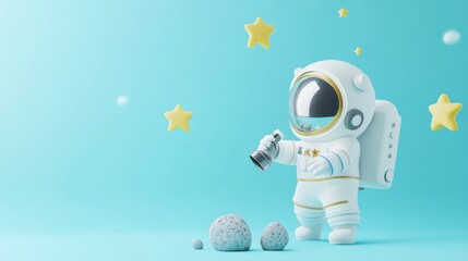 Poster - A cute astronaut figurine exploring a whimsical space scene with stars and rocks.