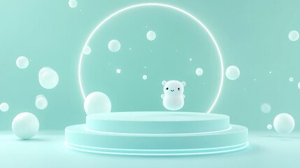 Poster - A cute, minimalist character stands on a glowing platform surrounded by bubbles in a serene setting.