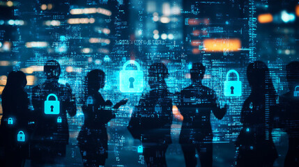 Aufkleber - Business professionals using holographic screen with security padlock icons to demonstrate cybersecurity and data encryption
