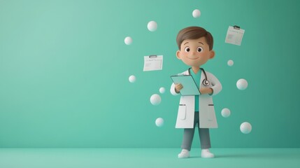 Wall Mural - A cheerful cartoon doctor holding a clipboard with floating documents around him.