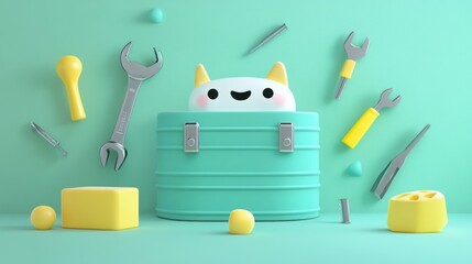 Canvas Print - A playful character peeks out from a toolbox surrounded by various tools and blocks.