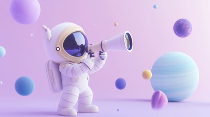 Wall Mural - a cute astronaut holding a telescope amidst colorful planets in a whimsical space scene.