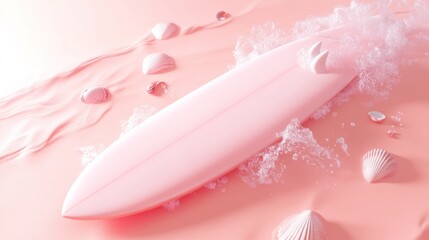 Sticker - A pink surfboard surrounded by waves and seashells on a soft pink background.