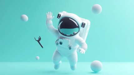 Canvas Print - A whimsical astronaut floating in a minimalist, pastel environment with abstract shapes.