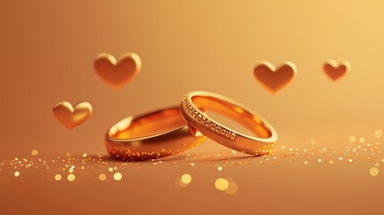 Wall Mural - Two elegant wedding rings surrounded by floating hearts and sparkling dust.