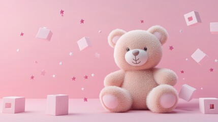 Wall Mural - A cute teddy bear sits against a pink background with playful blocks and stars.