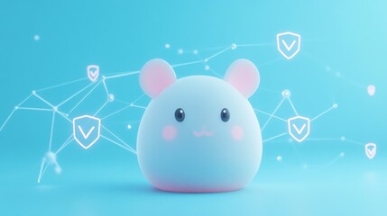 A cute, cartoonish mouse character surrounded by digital security icons on a blue background.