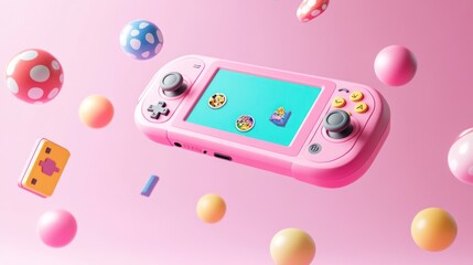 Canvas Print - A pink handheld gaming console surrounded by colorful spheres, emphasizing playful design.