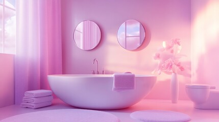 Wall Mural - A serene, modern bathroom with a bathtub, soft lighting, and elegant decor.